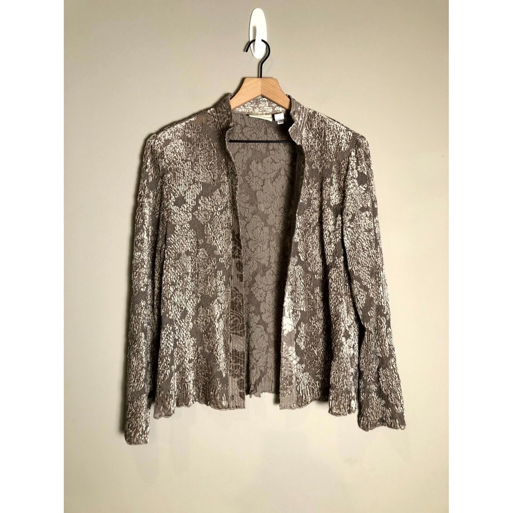 Chico's Taupe Baroque Open Front Velvet Burnout Artsy Victorian Jacket Size L
